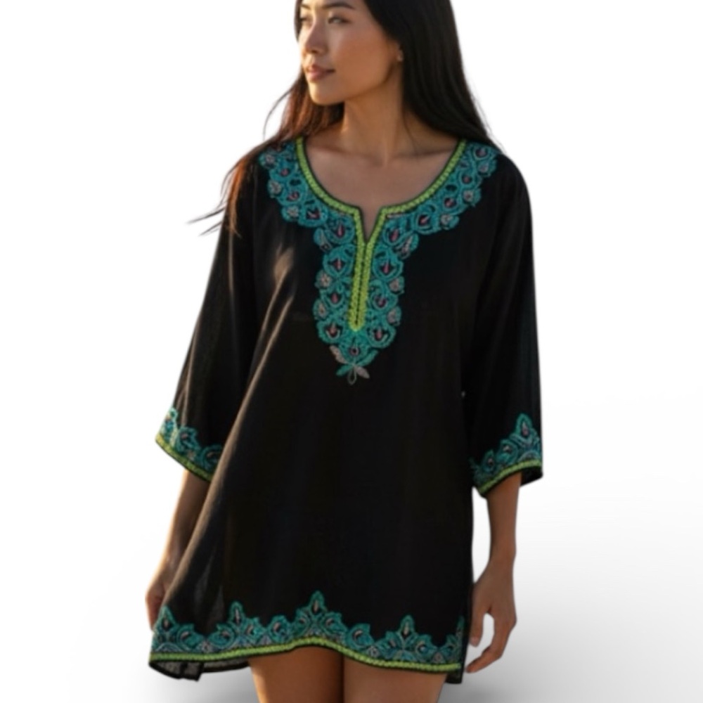 Lucky & Coco Beaded Black Sheer Coverup Tunic Top Hand Beaded Size Small